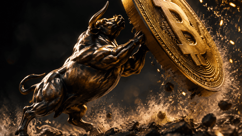 Bronzener Bulle stemmt eine riesige Goldmünze mit Bitcoin-Zeichen nach oben