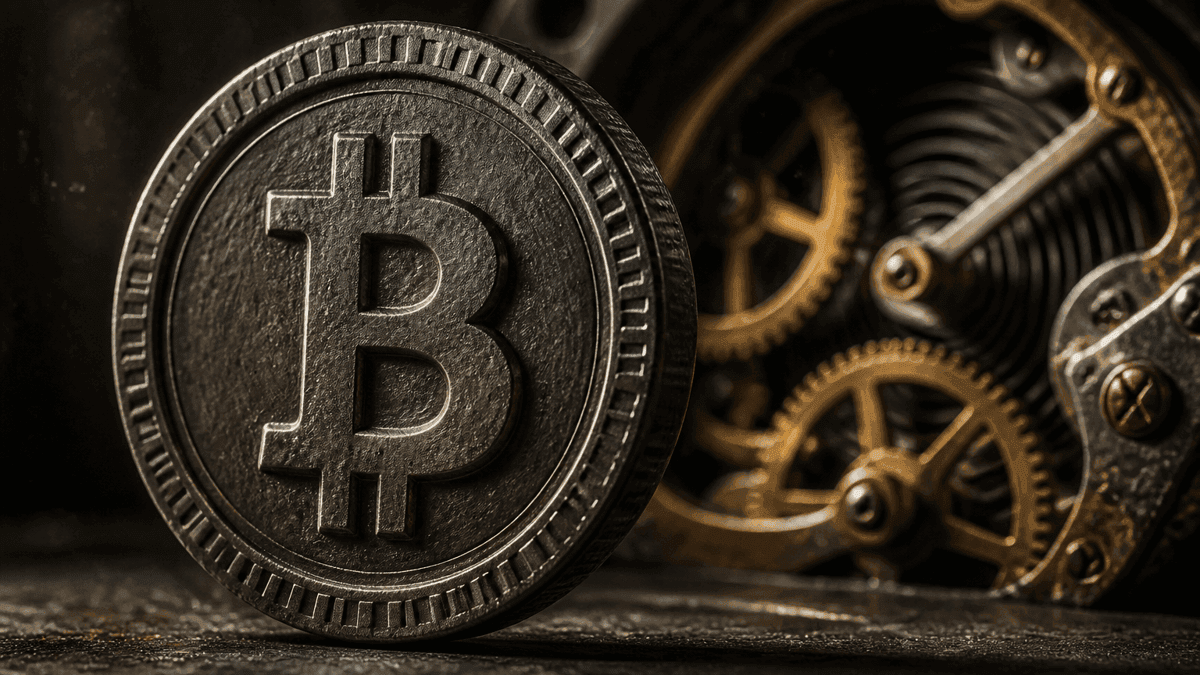 Aufrecht stehende geprägte Metallmünze mit Bitcoin-Symbol vor einem offenen mechanischen Uhrwerk aus Messingzahnrädern