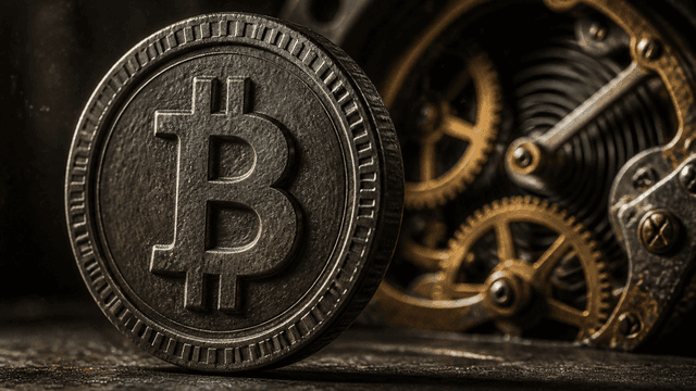 Aufrecht stehende geprägte Metallmünze mit Bitcoin-Symbol vor einem offenen mechanischen Uhrwerk aus Messingzahnrädern
