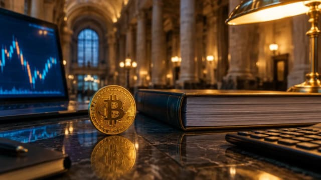 Gold Bitcoin coin on the stone counter of a classic bank hall next to a thick budget volume and a trading screen
