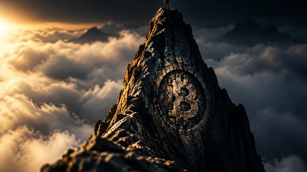 Schmaler dunkler Felsgrat hoch ueber einer geschlossenen Wolkendecke, in die Felswand ein kreisrundes Bitcoin-Zeichen eingeschlagen