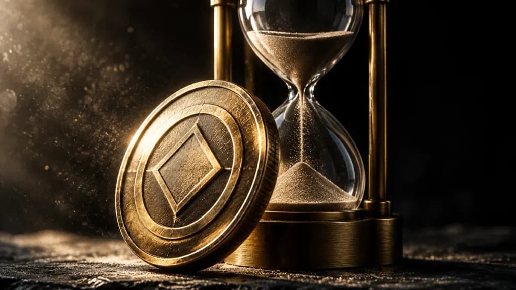 Eine aufrecht stehende Goldmuenze mit geometrischem Relief vor einer grossen Messing-Sanduhr aus dickem Glas auf dunklem Schiefer