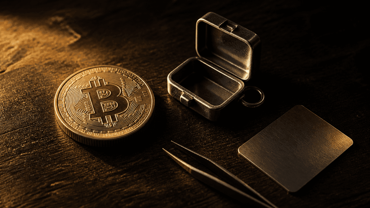 Physische Bitcoin-Münze neben einem geöffneten namenlosen Metallgehäuse und einer Pinzette auf einer dunklen Holzwerkbank