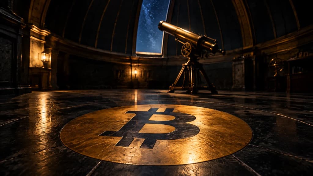 Dunkles Observatorium mit geöffneter Kuppel, im Steinboden eine runde Messingintarsie mit dem Bitcoin-Zeichen, daneben ein altes Teleskop auf Stativ
