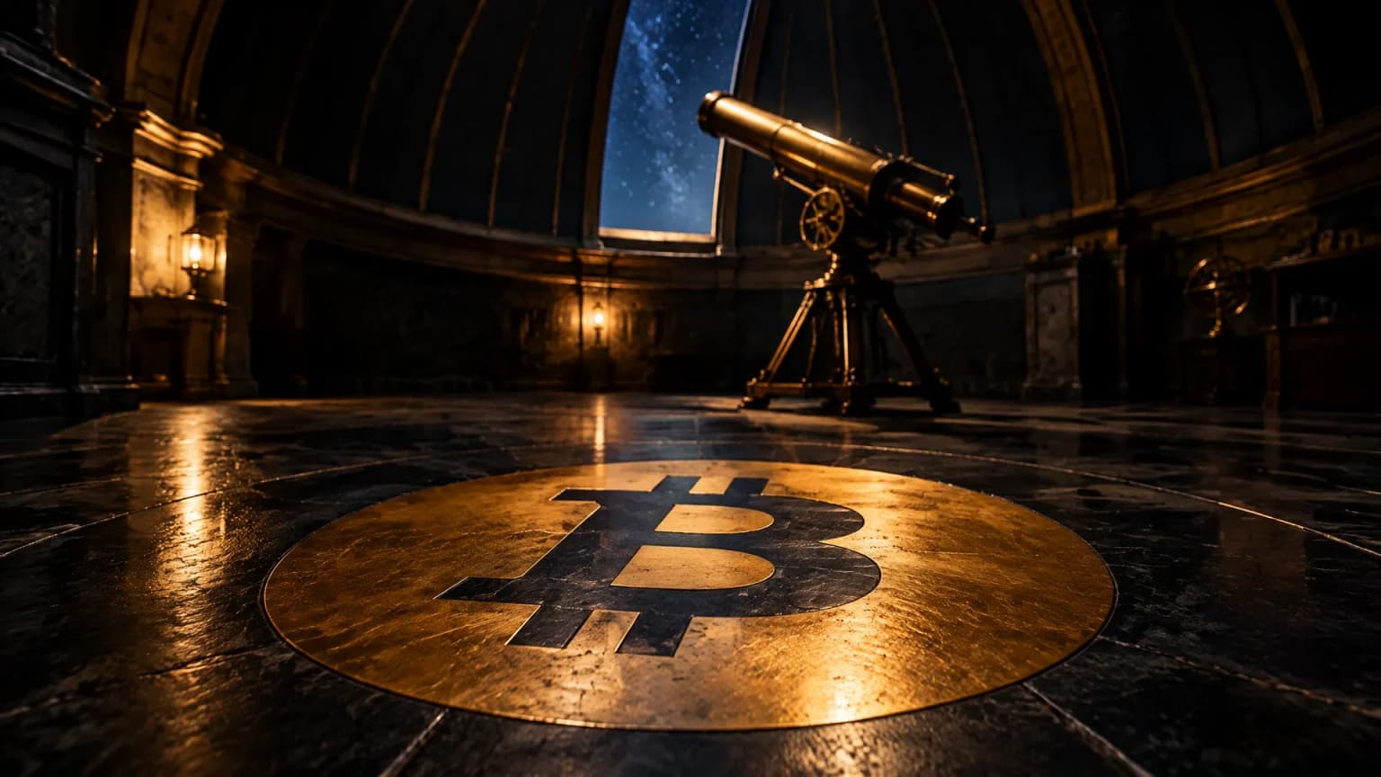 Dunkles Observatorium mit geöffneter Kuppel, im Steinboden eine runde Messingintarsie mit dem Bitcoin-Zeichen, daneben ein altes Teleskop auf Stativ