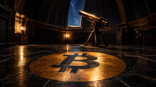 Dunkles Observatorium mit geöffneter Kuppel, im Steinboden eine runde Messingintarsie mit dem Bitcoin-Zeichen, daneben ein altes Teleskop auf Stativ