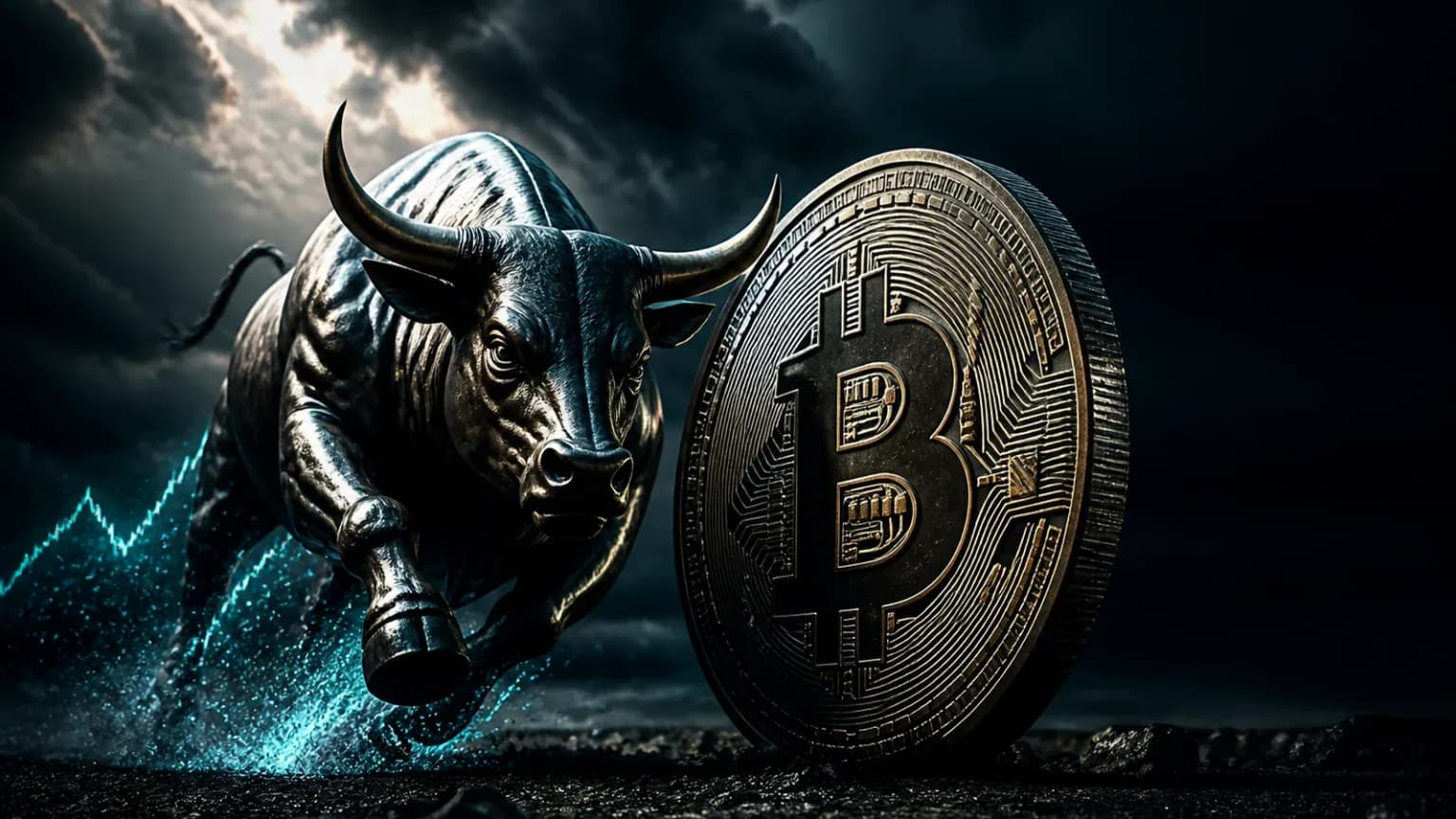 Metal bull charging beside a large physical Bitcoin coin, symbolizing the Bitcoin rally