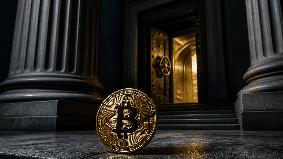 Goldene Münze mit Bitcoin-Symbol auf der Steinstufe vor dem Säulenportal einer Notenbank, dahinter ein halb geöffnetes Tresortor