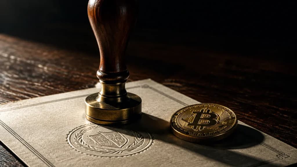 Schwerer Metallstempel mit Holzgriff steht aufrecht auf einem amtlichen Vordruck ohne lesbare Schrift, daneben eine Muenze mit eingepraegtem Bitcoin-Zeichen im harten Seitenlicht