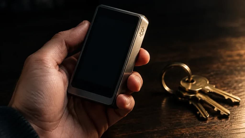 Hardware-Wallet aus gebürstetem Metall in einer Hand über einem dunklen Holztisch, daneben ein Messing-Schlüsselbund