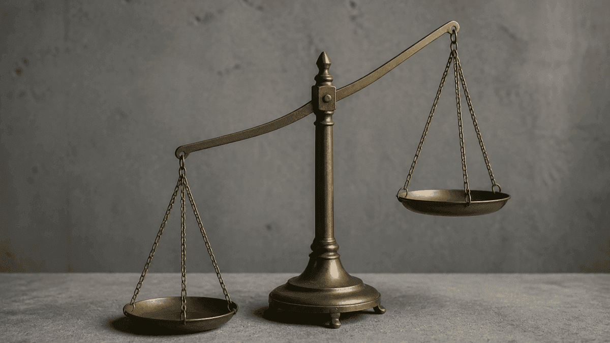 Alte Balkenwaage aus Messing mit zwei leeren, ungleich hoch haengenden Waagschalen vor einer grauen Betonwand