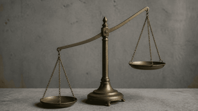 Alte Balkenwaage aus Messing mit zwei leeren, ungleich hoch haengenden Waagschalen vor einer grauen Betonwand