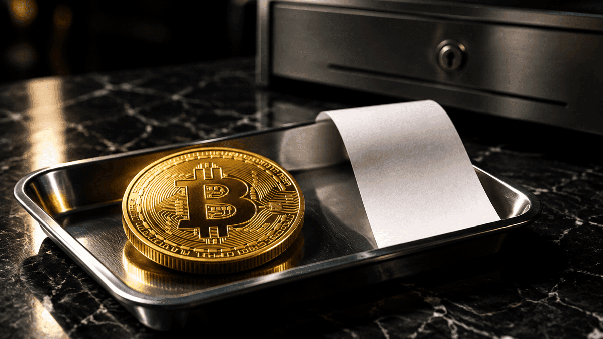 Goldene Münze mit eingeprägtem Bitcoin-Zeichen in einer Edelstahl-Schale auf dunklem Marmor, daneben ein leerer weißer Papierbeleg vor einer geschlossenen Kassenlade