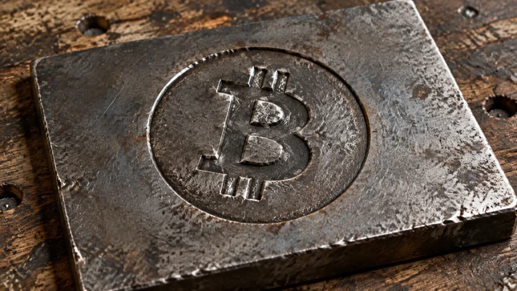 Schwere Stahlplatte auf einer Werkbank, in die das Bitcoin-Zeichen mit Schlagbuchstaben tief eingeprägt ist, daneben Hammer und Schlagstempel