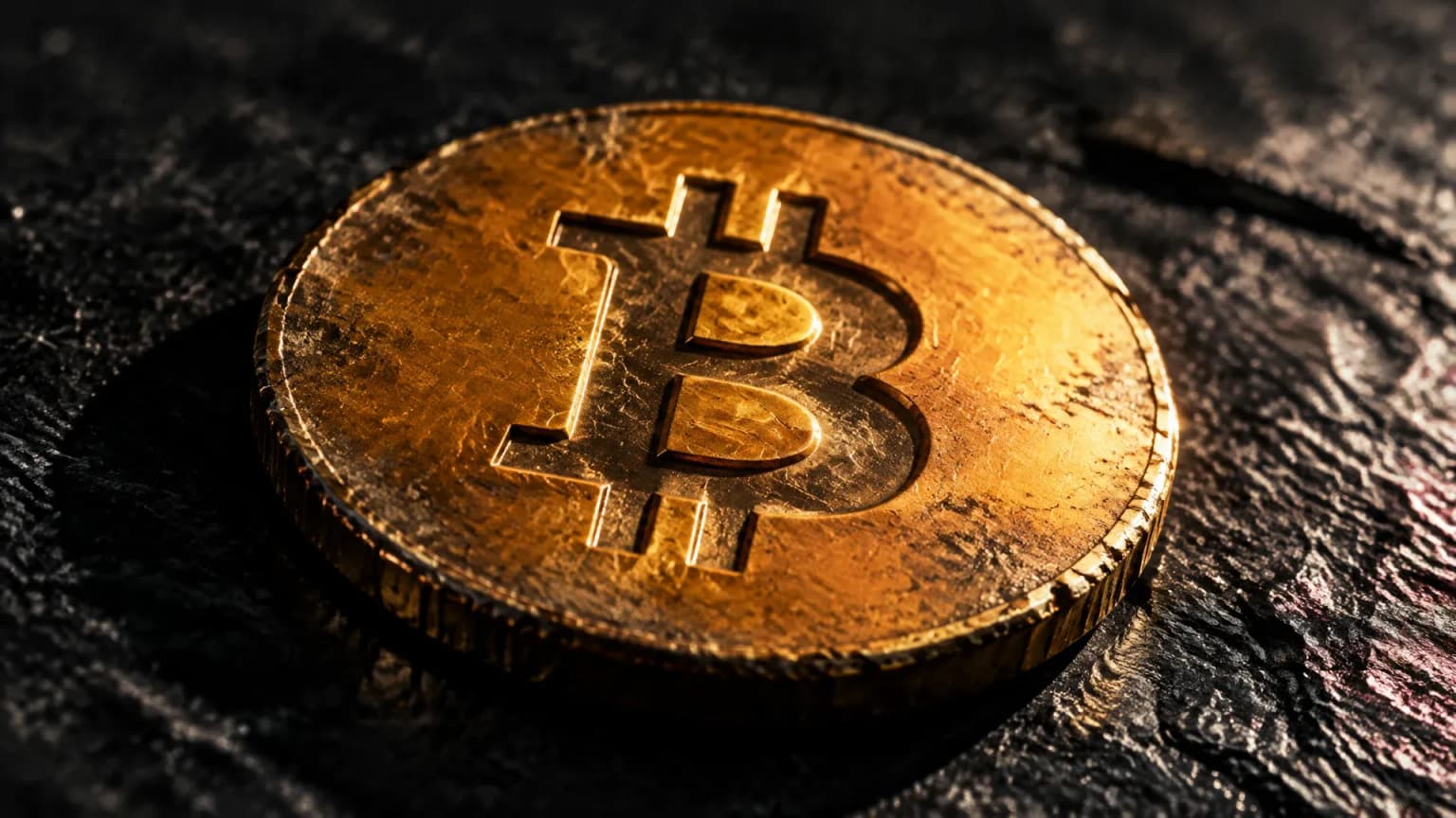 Schwere, abgegriffene Metallmünze liegt einzeln auf einer dunklen Steinplatte im harten Streiflicht, in die Münzfläche ist das Bitcoin-Zeichen tief eingeprägt