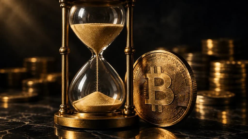 Sanduhr aus Messing und Glas neben einer schweren Metallmünze mit eingeprägtem Bitcoin-Zeichen auf dunklem Stein