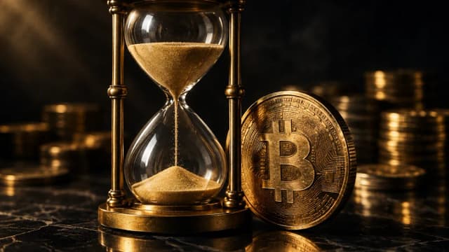 Sanduhr aus Messing und Glas neben einer schweren Metallmünze mit eingeprägtem Bitcoin-Zeichen auf dunklem Stein