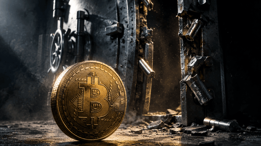 Aufgebrochenes Stahl-Tresortor mit verbogenen Riegeln, davor eine physische Münze mit eingeprägtem Bitcoin-Zeichen