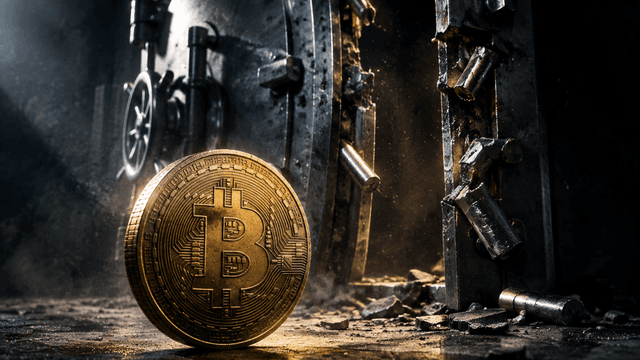 Aufgebrochenes Stahl-Tresortor mit verbogenen Riegeln, davor eine physische Münze mit eingeprägtem Bitcoin-Zeichen
