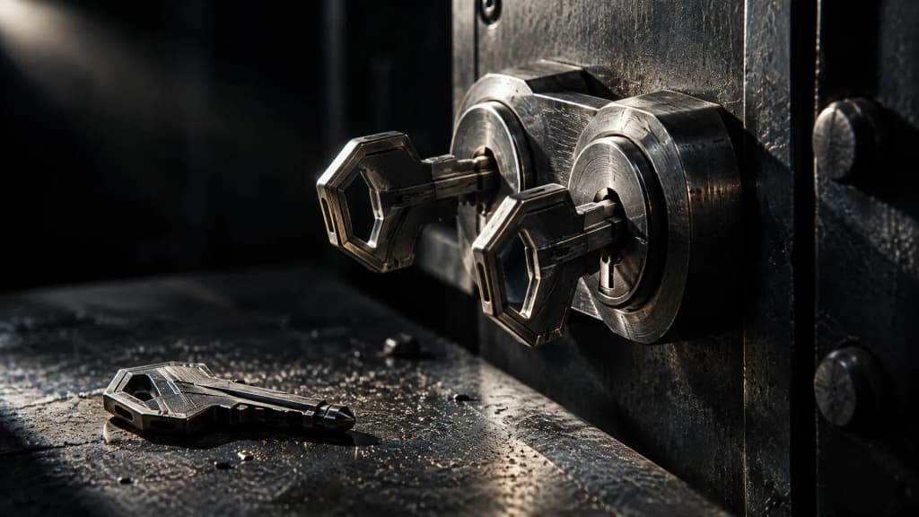 Drei Metallschlüssel auf einer Stahlwerkbank, zwei davon gemeinsam in einem Doppelzylinderschloss gedreht, der dritte liegt abseits