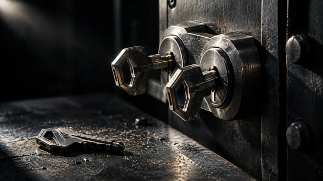 Drei Metallschlüssel auf einer Stahlwerkbank, zwei davon gemeinsam in einem Doppelzylinderschloss gedreht, der dritte liegt abseits
