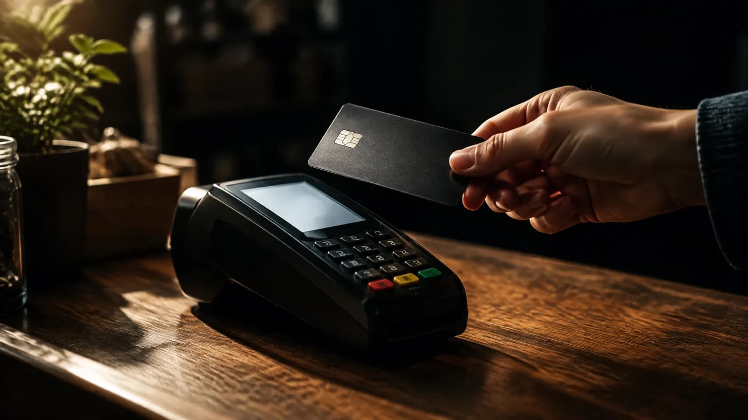 Kartenterminal auf dem Holztresen eines kleinen Ladens, eine Hand hält eine markenlose Zahlkarte davor