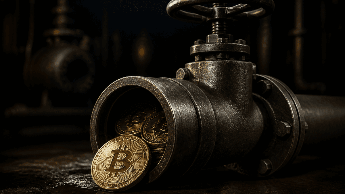 Ein halb zugedrehtes gusseisernes Absperrventil an einem Stahlrohr, aus dem eine Muenze mit Bitcoin-Symbol rollt, waehrend weitere Muenzen im Rohr feststecken