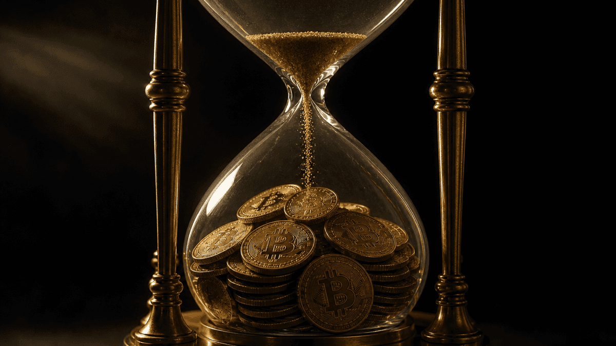 Monumentale Sanduhr aus Messing und Glas, deren unterer Kolben bis zum Rand mit goldenen Muenzen mit eingepraegtem Bitcoin-Zeichen gefuellt ist, waehrend die letzten Sandkoerner herabrieseln