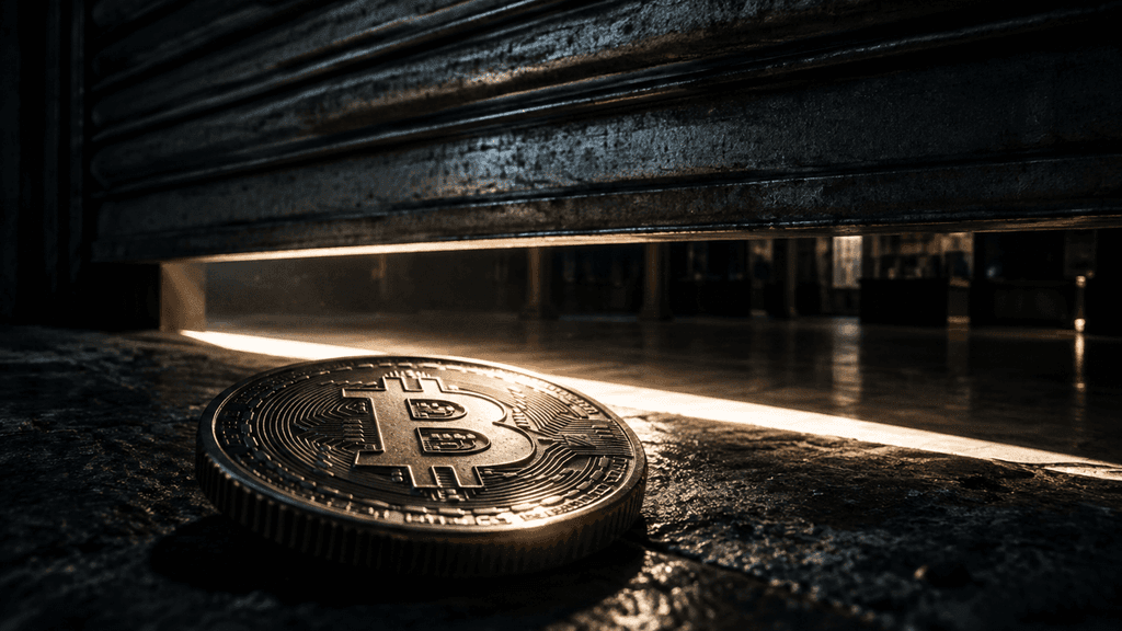 Herabfahrendes Stahl-Rolltor vor einem dunklen Handelssaal, davor eine Münze mit eingeprägtem Bitcoin-Zeichen auf der Schwelle