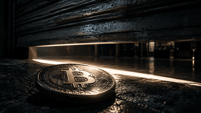 Herabfahrendes Stahl-Rolltor vor einem dunklen Handelssaal, davor eine Münze mit eingeprägtem Bitcoin-Zeichen auf der Schwelle
