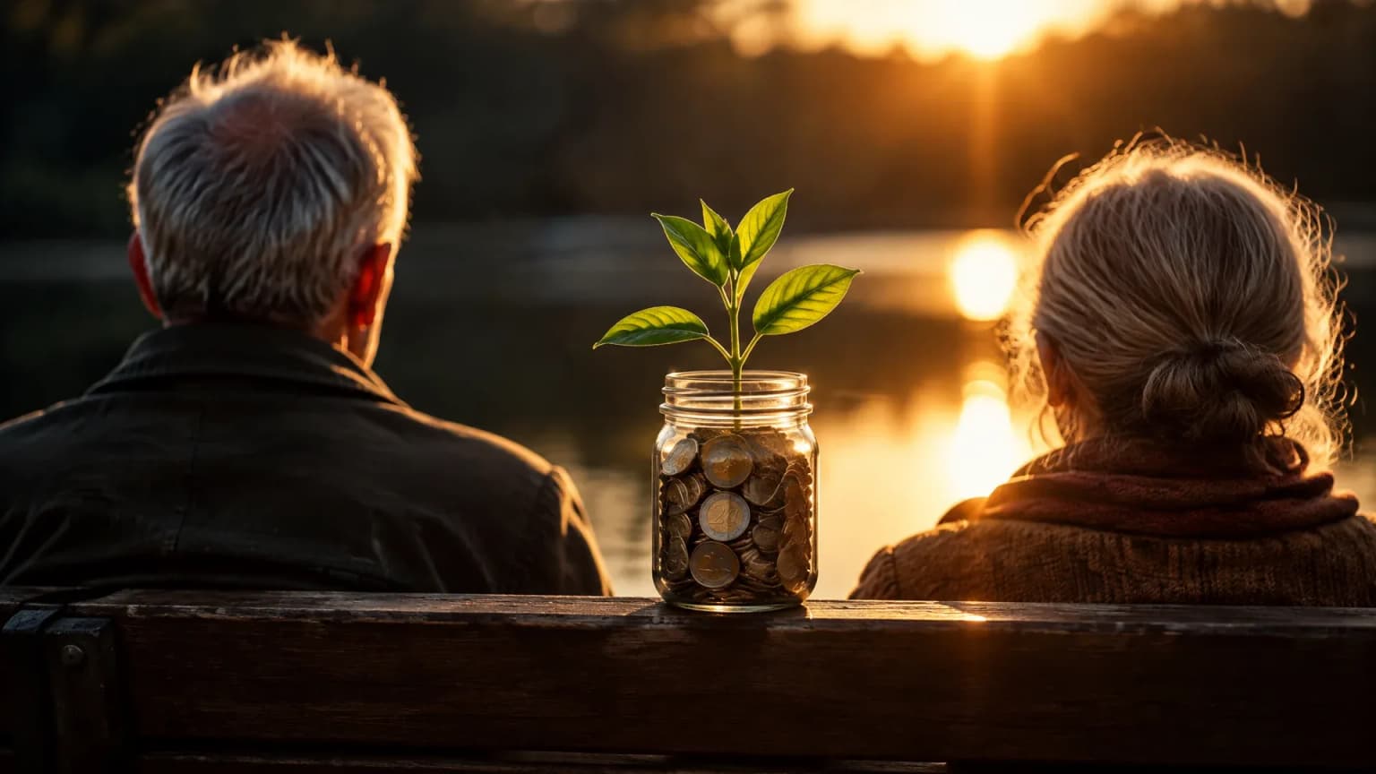 Älteres Paar von hinten auf einer Holzbank am See im Abendlicht, zwischen ihnen ein Glas mit Euromünzen, aus dem ein grüner Trieb wächst