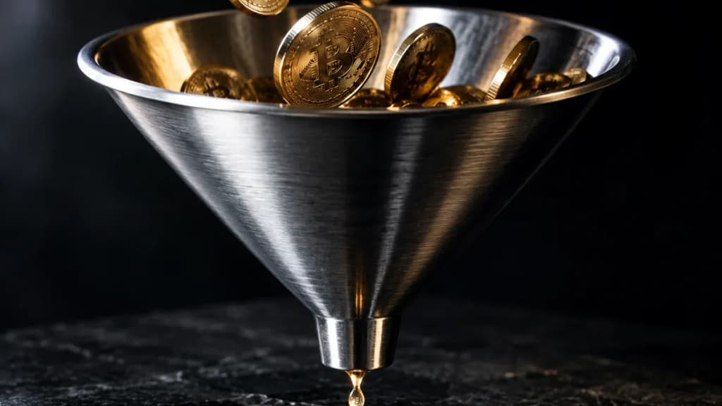 Metalltrichter auf dunklem Stein, oben fallen goldene Bitcoin-Münzen hinein, unten tropft nur ein einzelner Rest heraus