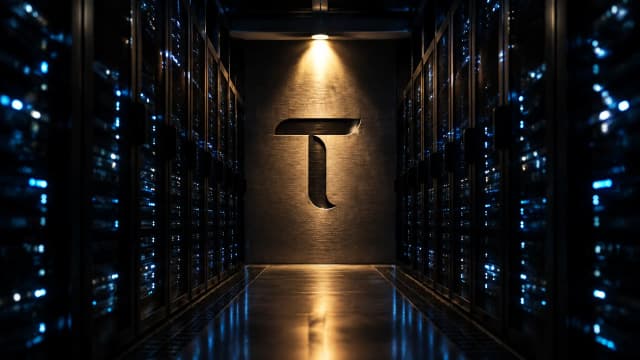 Gravur mit dem TAO-Zeichen in einer Metallplatte an der Stirnwand eines nächtlichen Rechenzentrumsgangs