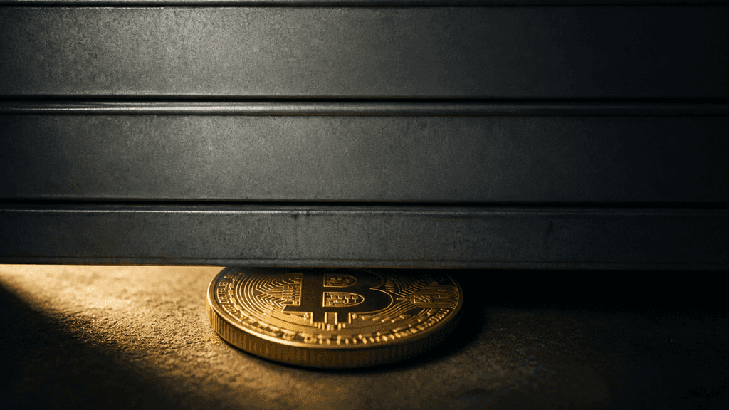 Ein herabfahrendes Metall-Rolltor lässt nur noch einen Spalt frei, in dem eine goldene Münze mit Bitcoin-Zeichen im letzten Lichtstreifen liegt