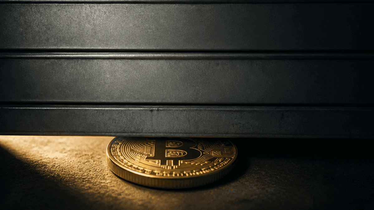 Ein herabfahrendes Metall-Rolltor lässt nur noch einen Spalt frei, in dem eine goldene Münze mit Bitcoin-Zeichen im letzten Lichtstreifen liegt