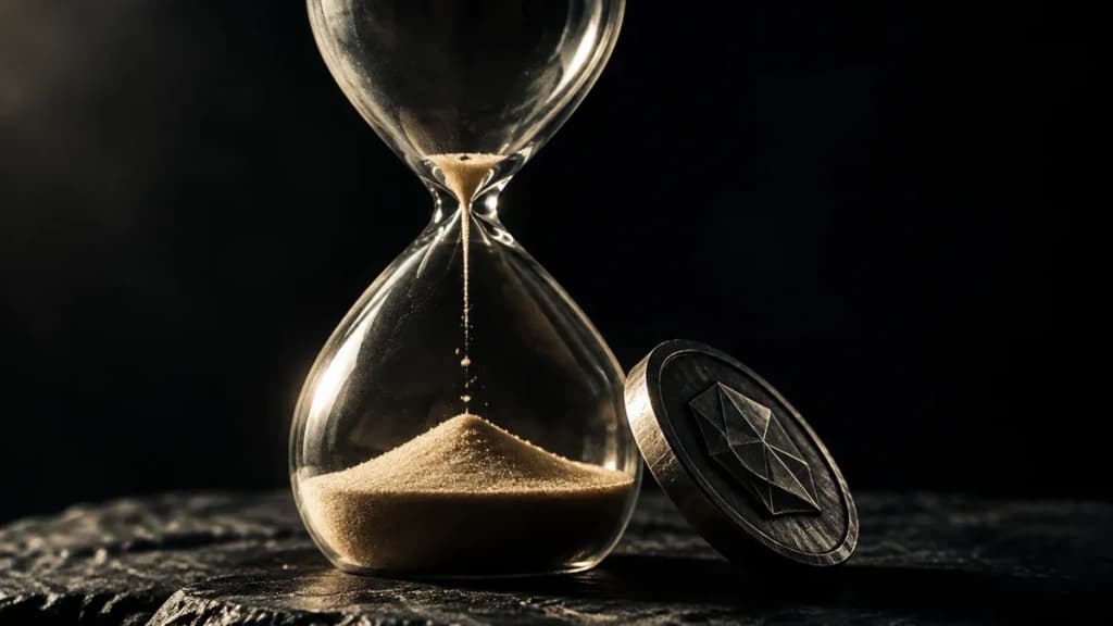 Fast durchgelaufene Sanduhr auf dunkler Steinplatte, daneben eine schwere Metallmünze mit eingeprägtem kantigem Vieleck-Symbol