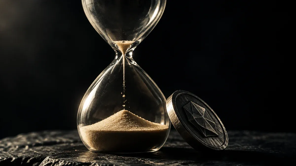 Fast durchgelaufene Sanduhr auf dunkler Steinplatte, daneben eine schwere Metallmünze mit eingeprägtem kantigem Vieleck-Symbol