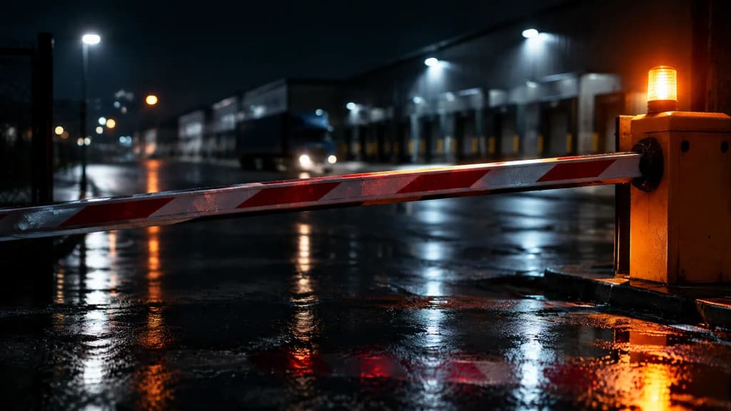 Sich schließende Schlagbaum-Schranke vor der nächtlichen Ausfahrt eines Frachtterminals, orangefarbenes Warnlicht auf nassem Asphalt