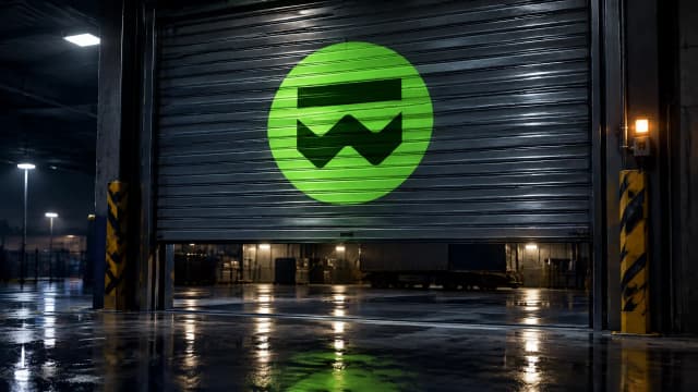 Eine sich senkende Stahlschranke in einer dunklen Verladehalle, in das Metall ist das BTW-Zeichen als glühende Intarsie eingelassen