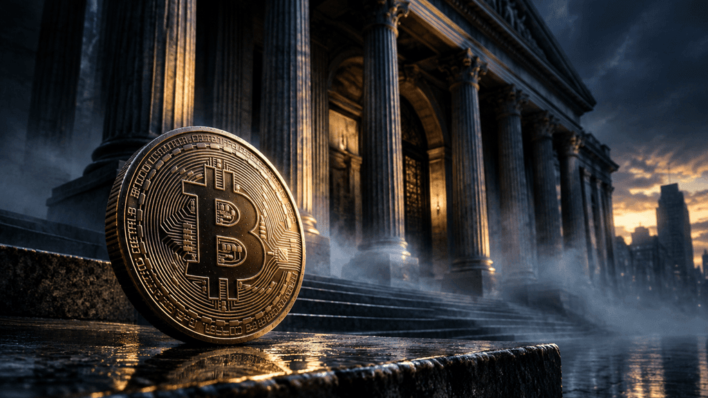 Monumentales klassizistisches Börsengebäude bei Dämmerung, davor eine schwere Metallmünze mit eingeprägtem Bitcoin-Zeichen auf einer Steinstufe