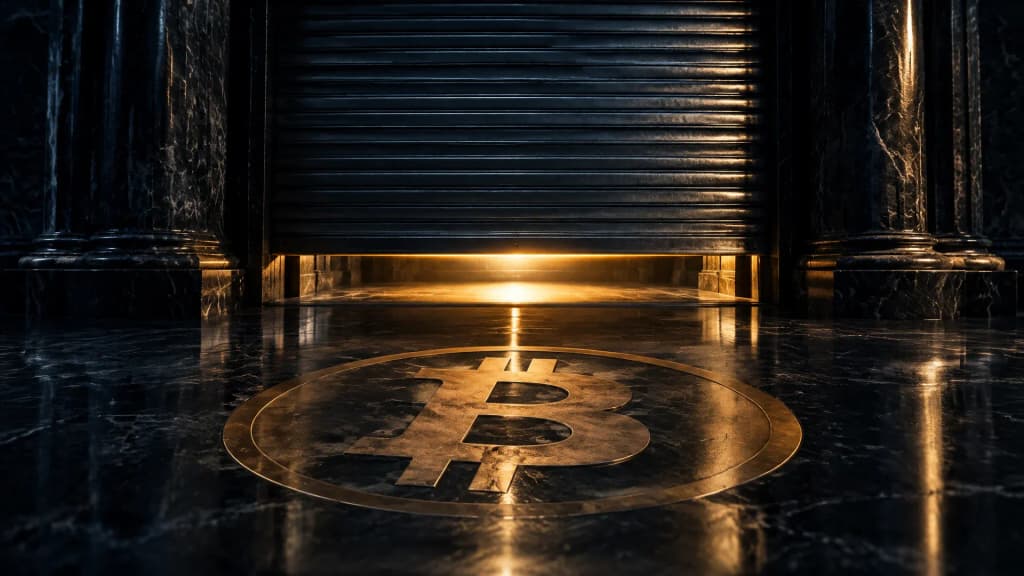 Naechtliches Saeulenportal aus dunklem Marmor, im Boden das Bitcoin-Zeichen als Bronze-Intarsie, darueber ein halb herabgelassenes Stahlrolltor