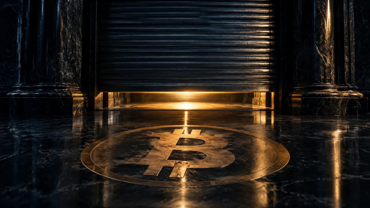 Nächtliches Säulenportal aus dunklem Marmor, im Boden das Bitcoin-Zeichen als Bronze-Intarsie, darüber ein halb herabgelassenes Stahlrolltor