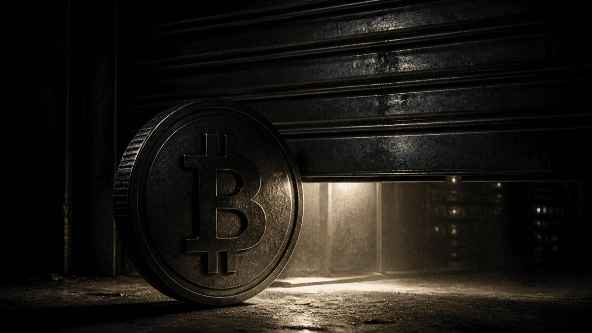 Schweres Stahlrolltor senkt sich vor einer dunklen Serverhalle, davor eine grosse Metallmuenze mit eingepraegtem Bitcoin-Zeichen im Schatten