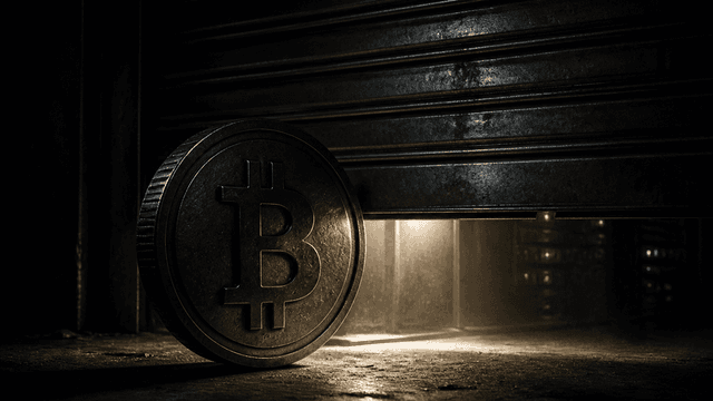 Schweres Stahlrolltor senkt sich vor einer dunklen Serverhalle, davor eine grosse Metallmuenze mit eingepraegtem Bitcoin-Zeichen im Schatten