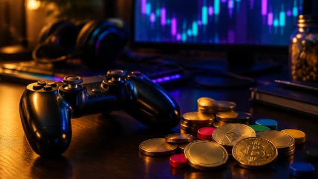 Game controller on a dark desk next to gold crypto tokens and coloured game tokens