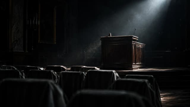 Leeres Auktionspult aus dunklem Holz im Lichtkegel eines verlassenen nächtlichen Auktionssaals, davor abgedeckte Stuhlreihen