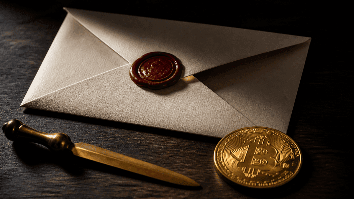 Amtlich wirkender Briefumschlag mit rotem Wachssiegel auf einem dunklen Schreibtisch, daneben ein Messing-Brieföffner und eine Münze mit eingeprägtem Bitcoin-Zeichen