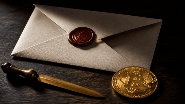 Amtlich wirkender Briefumschlag mit rotem Wachssiegel auf einem dunklen Schreibtisch, daneben ein Messing-Brieföffner und eine Münze mit eingeprägtem Bitcoin-Zeichen