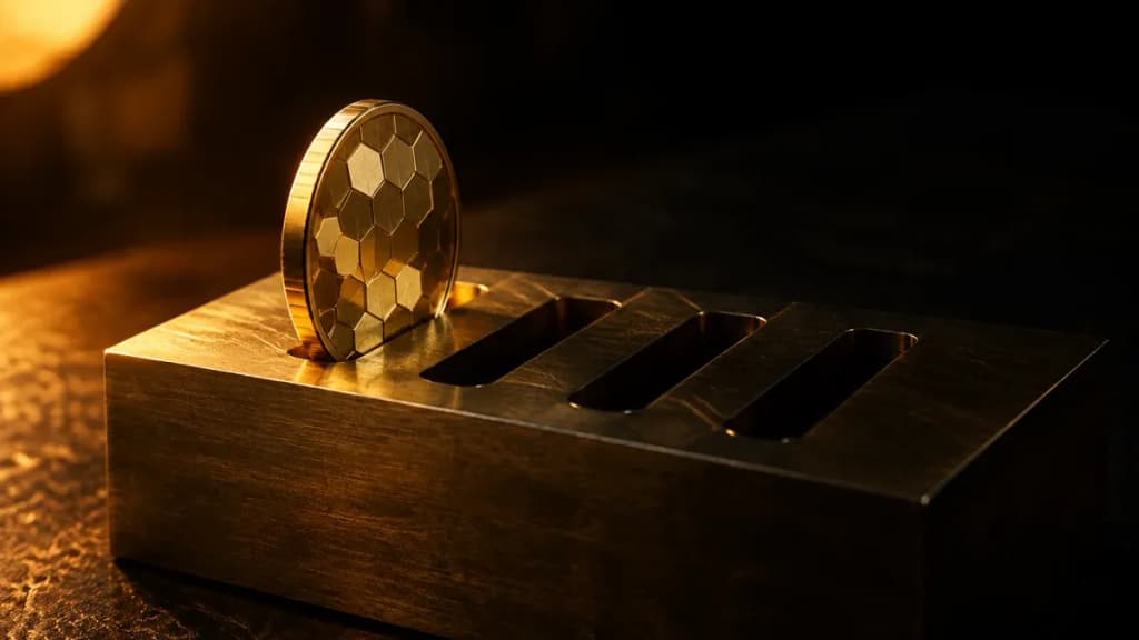 Goldfarbene Münze mit sechseckigem Facettenmuster steht aufrecht in einem von vier gefrästen Schlitzen eines Messingblocks, nur dieser Schlitz ist beleuchtet