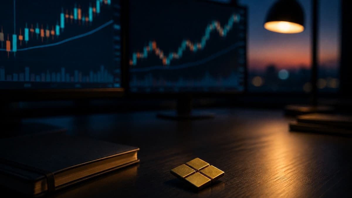 Goldfarbenes Metallobjekt aus vier Quadraten auf einem Handelsplatz vor Kerzencharts